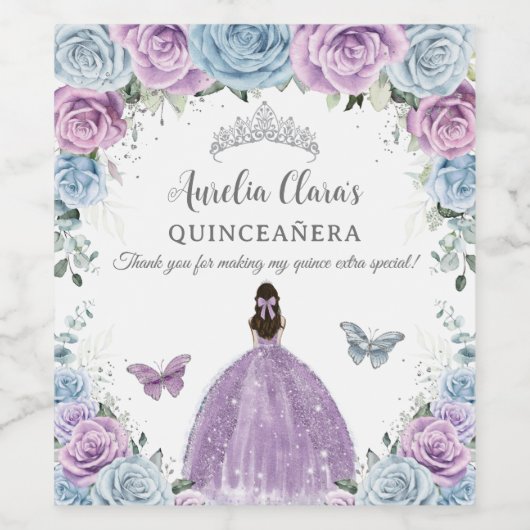 Lila Lilac Baby Blue Floral Quinceñera Sweet 16 Weinetikett (Einzelnes Label)