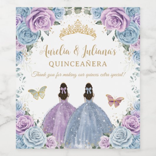 Lila Lilac Baby Blue Floral Twins Quinceañera Weinetikett (Einzelnes Label)