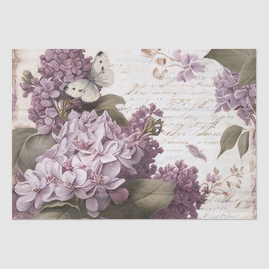 Lila Lilac Blume Butterfly Script Decoupage Seidenpapier (Vorderseite)