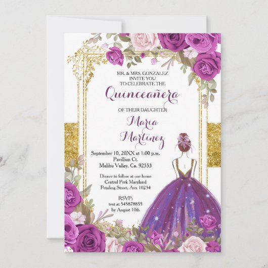 Lila Lilac Blume Gold Quinceanera Einladung (Vorderseite)