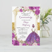 Lila Lilac Blume Gold Quinceanera Einladung (Stehend Vorderseite)
