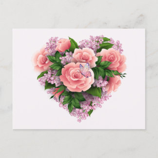 Lila Lilac-Blume und rosa Rosen Blumenherz Postkarte