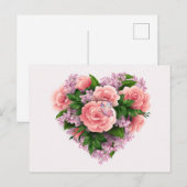 Lila Lilac-Blume und rosa Rosen Blumenherz Postkarte (Vorne/Hinten)