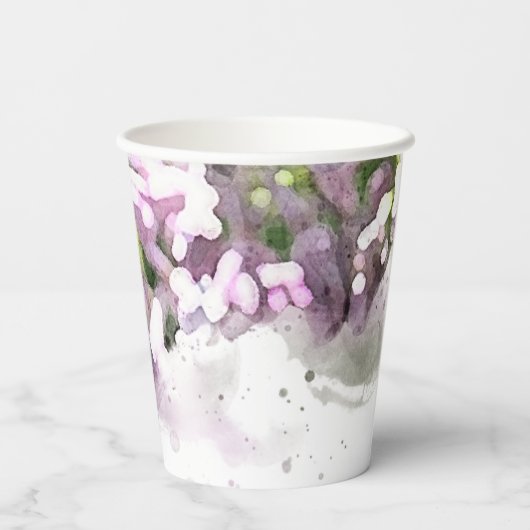 Lila Lilac Blume Wasserfarbenhochzeit Pappbecher (Rückseite)