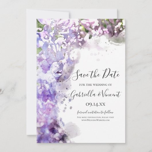 Lila Lilac Blume Wasserfarbenhochzeit Save The Date (Vorderseite)