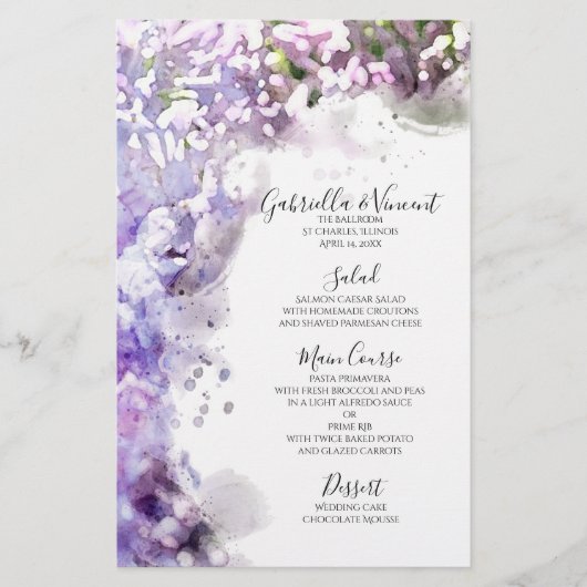 Lila Lilac Blume Watercolor Wedding Menu (Vorderseite)