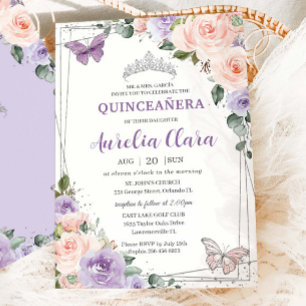 Lila Lilac Blush Bläschen Silber Quinceañera XV 16 Einladung