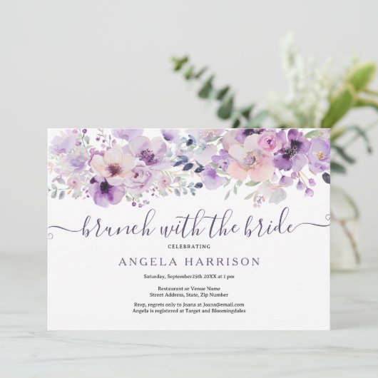 Lila Lilac Brunch mit Brautdusche Einladung (Stehend Vorderseite)