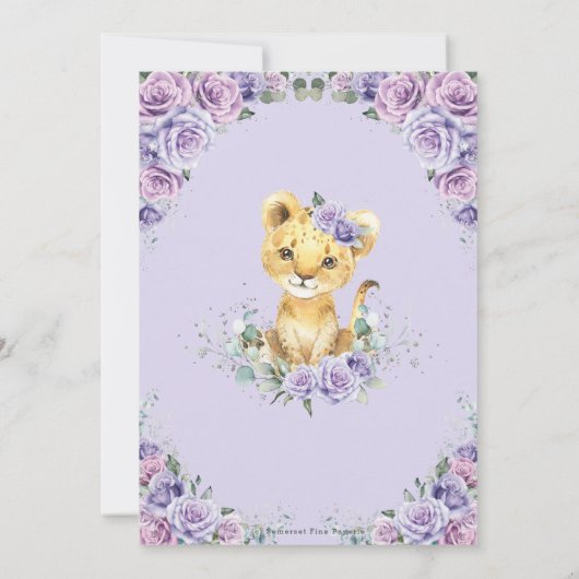 Lila Lilac Floral Adorable Lion Cub Kinderdusche Einladung (Rückseite)