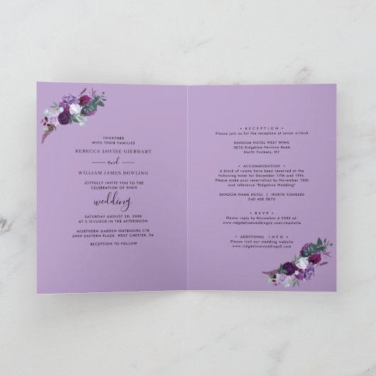 Lila Lilac Floral All-in-One Botanische Hochzeit Einladung (Innenseite)