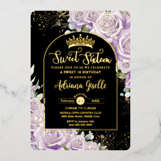 Lila Lilac Floral Black Sweet 16 Geburtstag Folieneinladung
