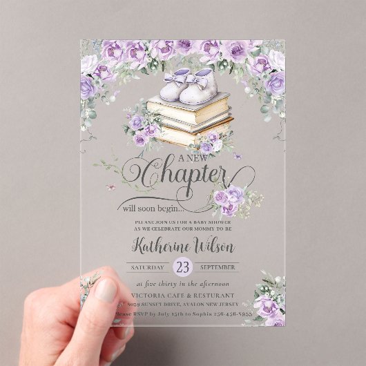 Lila Lilac Floral Book Neues Kapitel Kinderdusche Acryleinladungen (Insitu (Handheld))