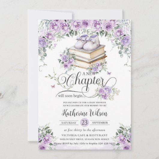 Lila Lilac Floral Book Neues Kapitel Kinderdusche Einladung (Vorderseite)