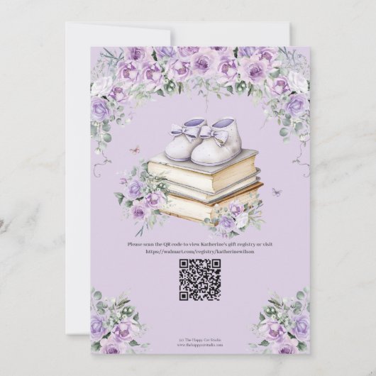 Lila Lilac Floral Book Neues Kapitel Kinderdusche Einladung (Rückseite)