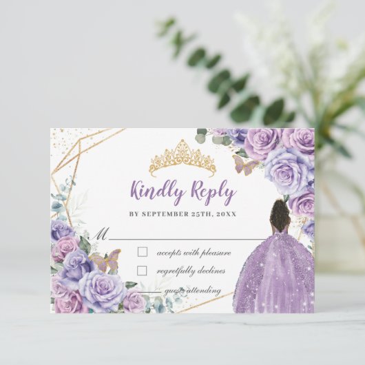 Lila Lilac Floral Brown Girl Quinceañera Antwort (Stehend Vorderseite)