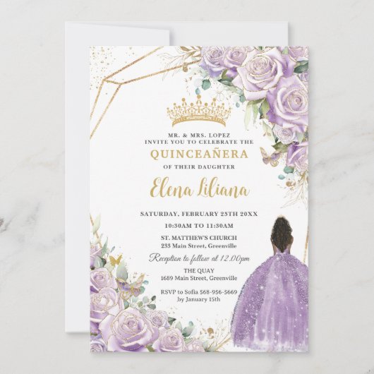 Lila Lilac Floral Brown Princess Quinceanera Einladung (Vorderseite)