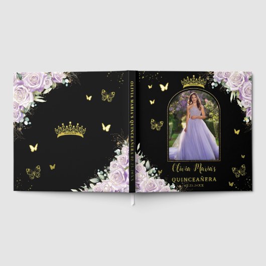 Lila Lilac Floral Butterfliegen Quinceañera Foto Gästebuch (Voll)