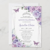 Lila Lilac Floral Butterfliegen Silver Quinceanera Einladung (Vorderseite)