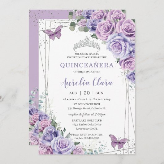 Lila Lilac Floral Butterfliegen Silver Quinceanera Einladung (Vorne/Hinten)
