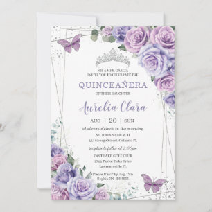 Lila Lilac Floral Butterfliegen Silver Quinceanera Einladung