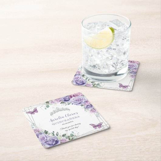 Lila Lilac Floral Butterfliegen Silver Quinceanera Rechteckiger Pappuntersetzer (Vor Ort)