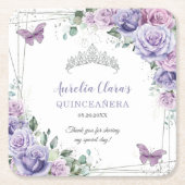 Lila Lilac Floral Butterfliegen Silver Quinceanera Rechteckiger Pappuntersetzer (Vorderseite)