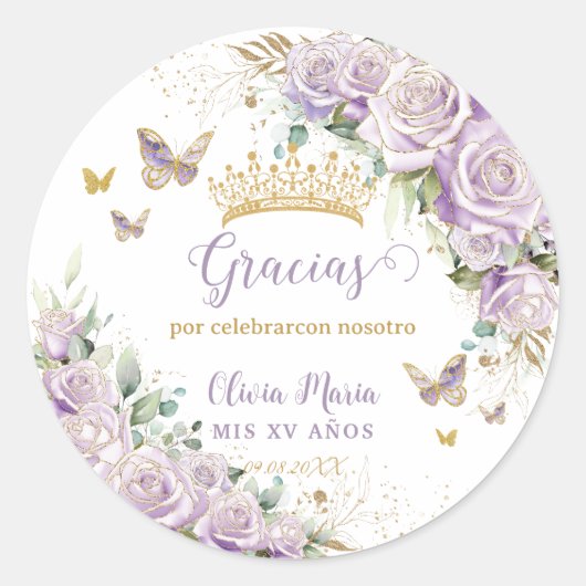 Lila Lilac Floral Butterflies Quinceñera 15 16 Runder Aufkleber (Vorderseite)