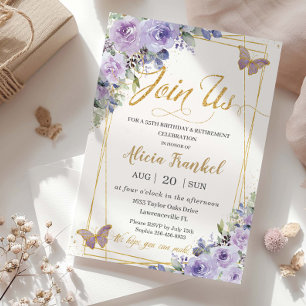 Lila Lilac Floral Butterfly Geburtstagsruhestand Einladung