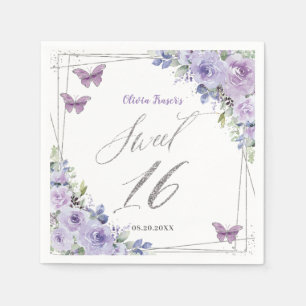 Lila Lilac Floral Butterfly Silver 16 . Geburtstag Serviette