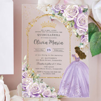 Lila Lilac Floral Gold Quinceañera Sweet 16 XV Acryleinladungen
