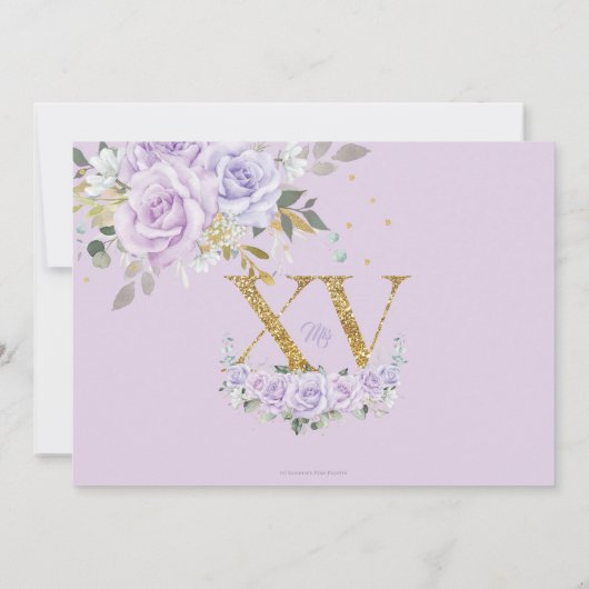 Lila Lilac Floral Gold XV Quinceañera 15 Foto Einladung (Rückseite)