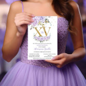 Lila Lilac Floral Gold XV Quinceñera Quince 15 Einladung