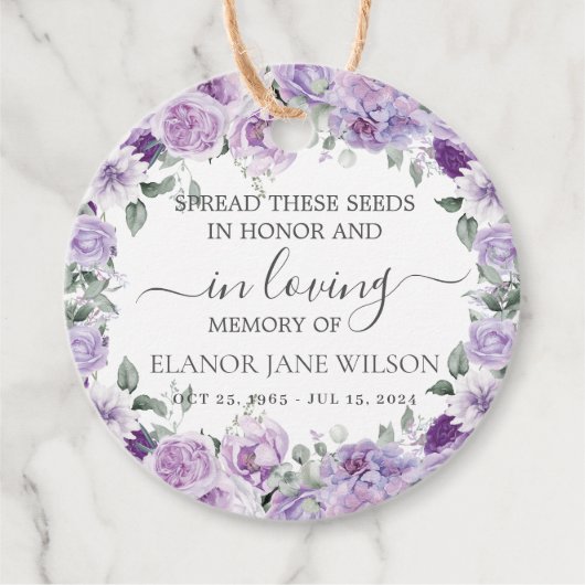 Lila Lilac Floral Memorial Beerdigung Saatgut Pack Geschenkanhänger (Vorderseite)