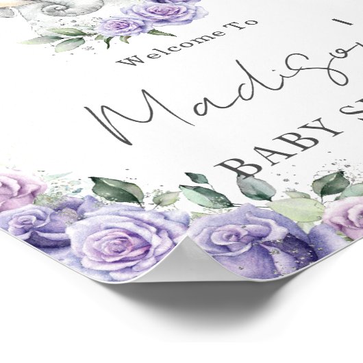 Lila Lilac Floral Niedlich Elephant Baby Duschzeic Poster (Ecke)