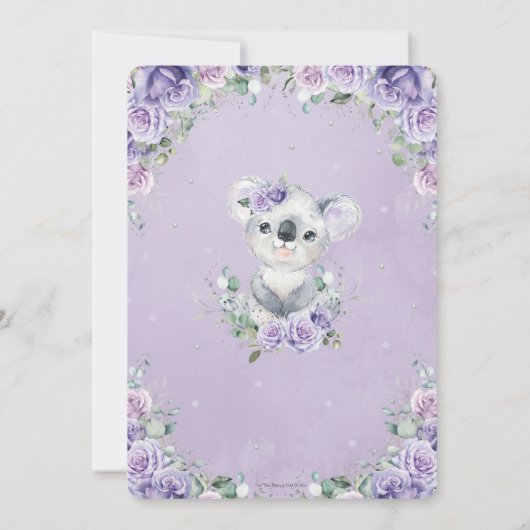 Lila Lilac Floral Niedlich Koala Babydusche Einladung (Rückseite)