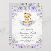 Lila Lilac Floral Niedlich Lion Cub Girl Babydusch Einladung (Vorne/Hinten)
