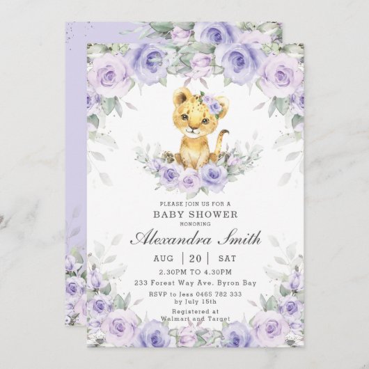 Lila Lilac Floral Niedlich Lion Cub Girl Babydusch Einladung (Vorne/Hinten)