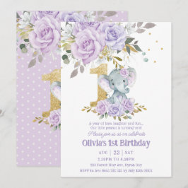 Lila Lilac Floral Niedlicher Elefant 1. Geburtstag Einladung
