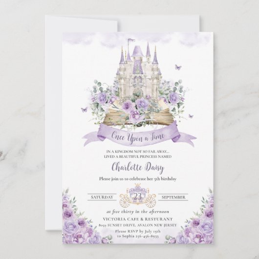 Lila Lilac Floral Princess Castle Storybook Einladung (Vorderseite)