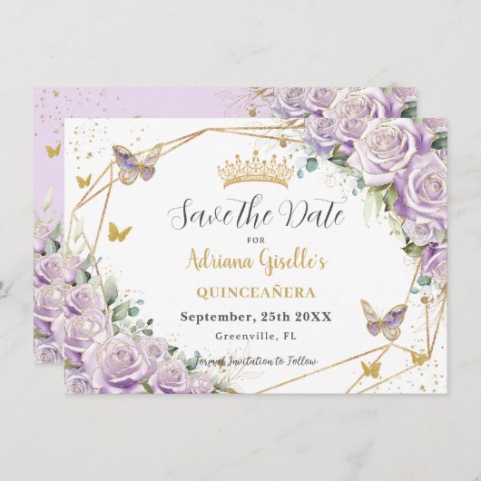 Lila Lilac Floral Princess Gold Quinceañera Save The Date (Vorne/Hinten)