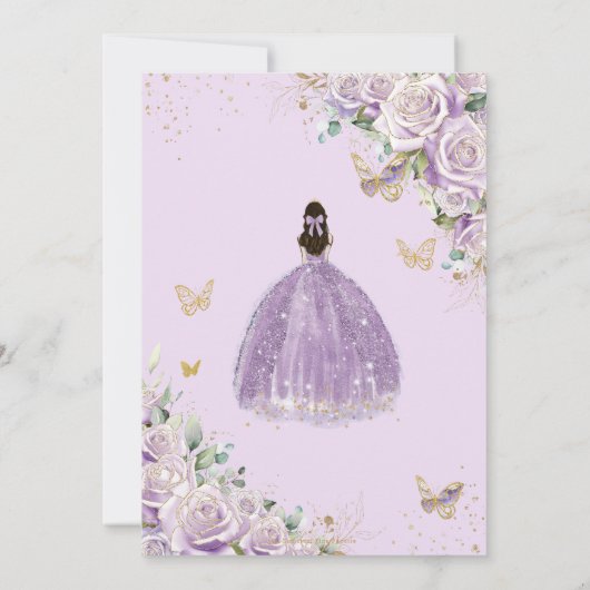 Lila Lilac Floral Princess Gold Quinceañera XV Einladung (Rückseite)