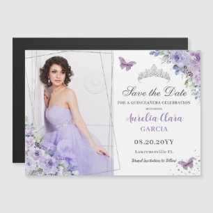 Lila Lilac Floral Quinceañera 16. Save the Date Magnetkarte