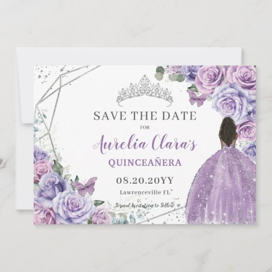 Lila Lilac Floral Quinceanera Brown Princess Save The Date (Vorderseite)