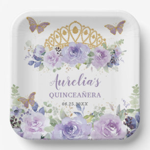Lila Lilac Floral Quinceañera Crown Butterfliegen Pappteller