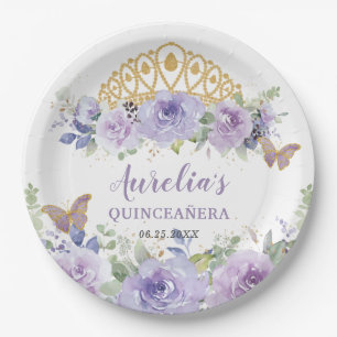 Lila Lilac Floral Quinceañera Crown Butterfliegen Pappteller