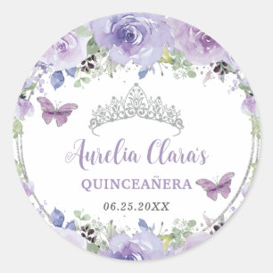 Lila Lilac Floral Quinceañera Crown Butterfliegen Runder Aufkleber