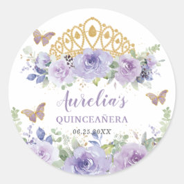 Lila Lilac Floral Quinceañera Crown Butterfliegen Runder Aufkleber