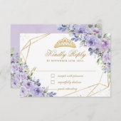 Lila Lilac Floral Quinceañera Gold Crown Tiara RSVP Karte (Vorne/Hinten)