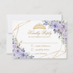 Lila Lilac Floral Quinceañera Gold Crown Tiara RSVP Karte