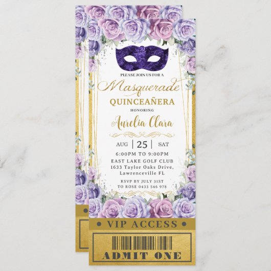Lila Lilac Floral Quinceañera Masquerade Ticket Einladung (Vorne/Hinten)